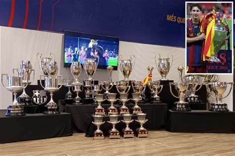 Lionel Messi's glittering trophy cabinet put on show at Barcelona legend's teary farewell press ...