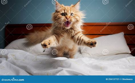 Spontaneous Cat Jumping on Bed Sheets with Exuberant Expression Stock ...