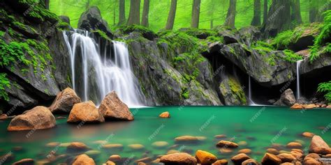 Premium AI Image | A waterfall in a green forest with a green background