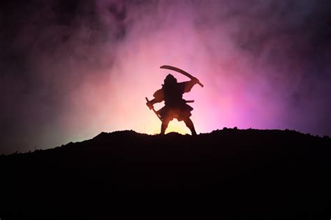 Fighter With A Sword Silhouette A Sky Ninja Samurai On Top Of Mountain With Dark Toned Foggy ...