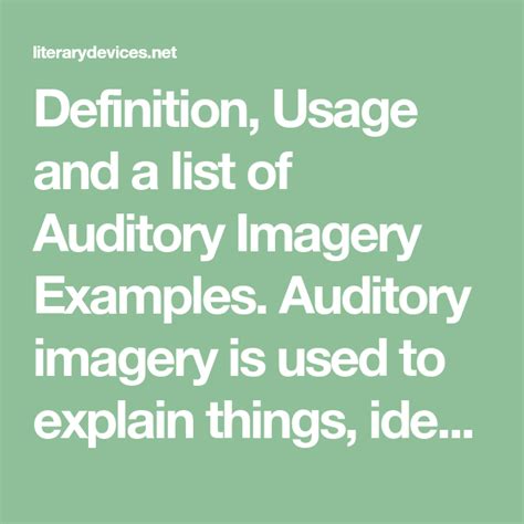 Definition, Usage and a list of Auditory Imagery Examples. Auditory imagery is used to explain ...