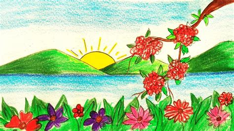 How to draw easy scenery // Flower garden scenery drawing // Spring ...