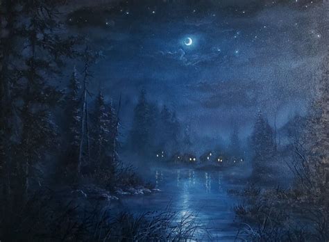 How To Paint a REALISTIC NIGHT LANDSCAPE in Oils | Night landscape, Moonlight painting ...