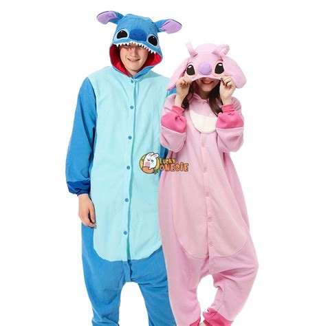 Pink & Blue Stitch and Angel Onesie Costume Matching Couples Pajamas - Luckyonesie.com