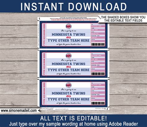 Minnesota Twins Game Ticket Gift Voucher | Printable Surprise Baseball Tickets