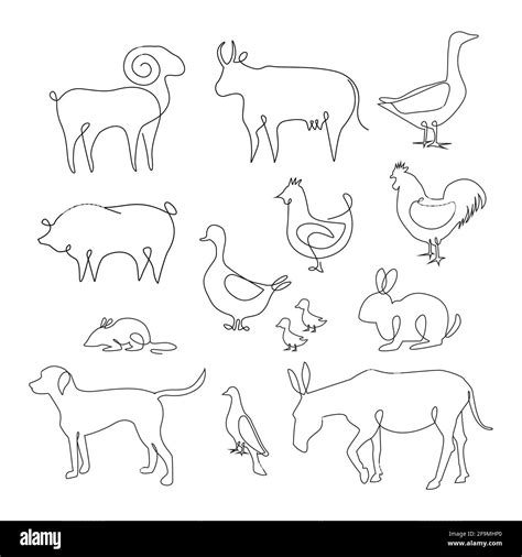 One Line Animals Set. Farm animals one line hand drawing, Vector Illustration. line drawing of ...