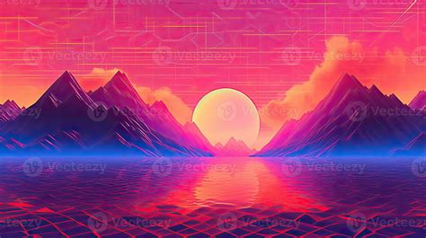 Illustration of bright sun on the horizon behind mountains in a ...