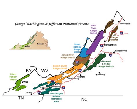 a map of the great washington and jefferson national forests, with ...