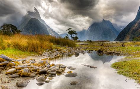 Wallpaper mountain, lake, new zealand, milford sound images for desktop ...