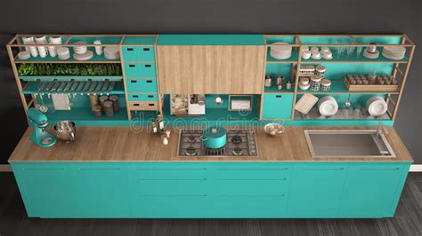 Minimalist Turquoise Wooden Kitchen with Appliances Close-up, Sc Stock Illustration ...