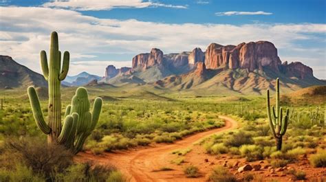 Wild West Texas desert landscape with mountains and cacti | Premium AI ...