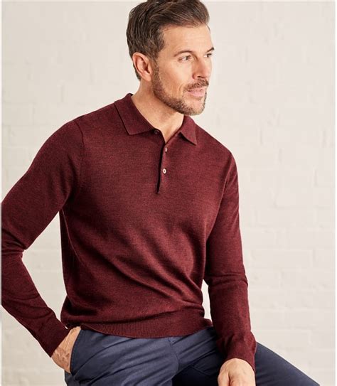 Merlot | Mens New Merino Long Sleeve Polo Shirt | WoolOvers UK