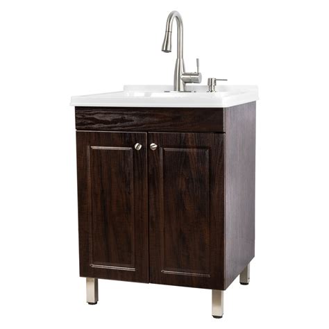 Brown Laundry Cabinet Vanity, Utility Sink with High Arc Stainless ...