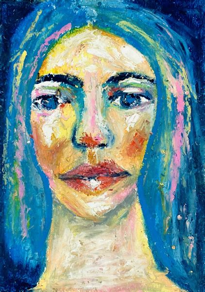 Oil pastel portrait drawing – Deep Blue Layers Within – Katie Jeanne Wood