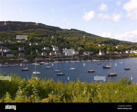 Tarbert harbour from above looking down from Tarbert castle Argyll Scotland Stock Photo - Alamy