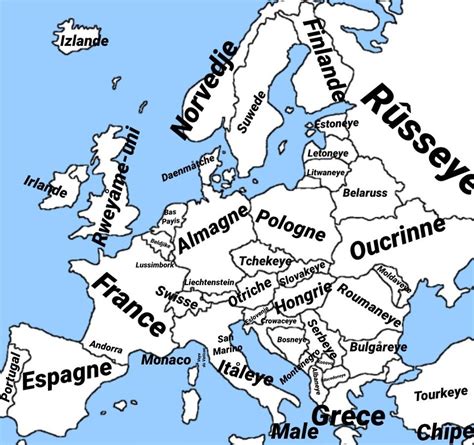 A map of Europe in the Walloon language, the (almost extinct ...