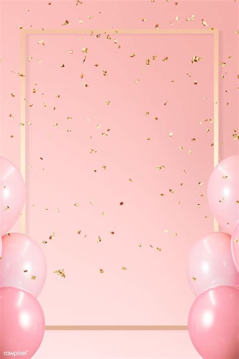 Pink balloons and gold confetti on a pink background with a square frame