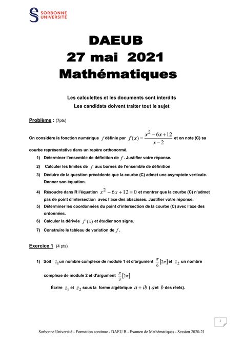 DAEU B Examen Maths 2021 - Sorbonne Université - Formation continue - DAEU B - Examen de - Studocu