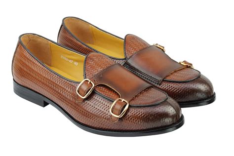 Mens Retro Real Leather Vamp Double Monk Strap Loafer Woven Effect Slip ...