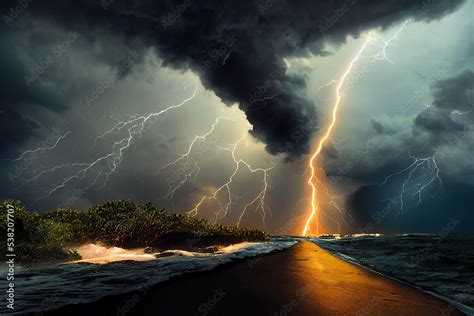 dangerous lightning strikes in the cloudy sky and stormy ocean in a ...