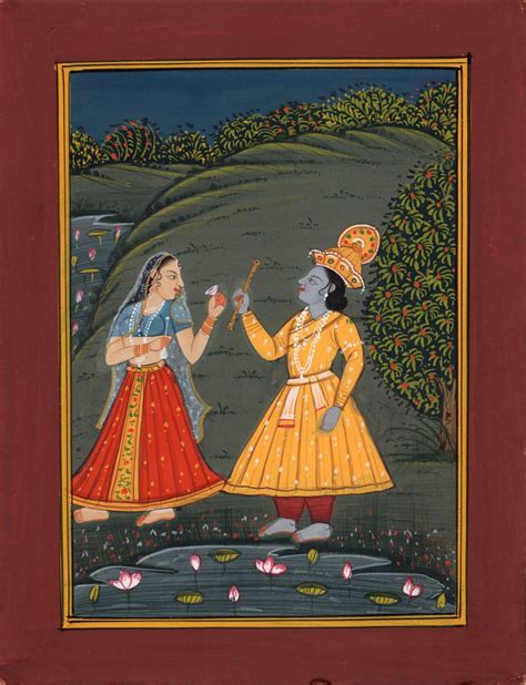 Krishna Radha Pahari Painting Handmade Hindu Folk Religious Indian Ethnic Art