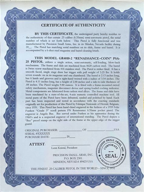 PRECISION SMALL ARMS, INC. > CERTIFICATES OF AUTHENTICITY > CERTIFICATE OF AUTHENTICITY