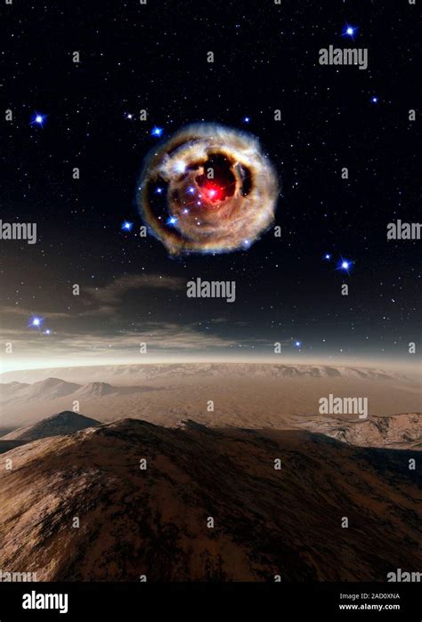 Alien planet and supernova. Computer illustration of a view across the surface of an alien ...