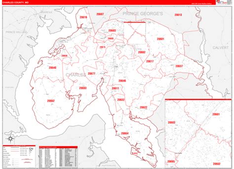 Charles County, MD Zip Code Wall Map Red Line Style by MarketMAPS - MapSales