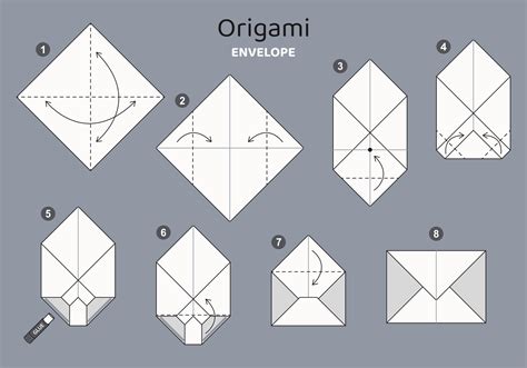 Envelope origami scheme tutorial moving model on grey backdrop. Origami for kids. Step by step ...