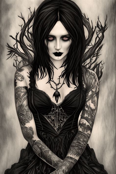 Beautiful Gothic Witch with Dark Hair and Tattoos · Creative Fabrica