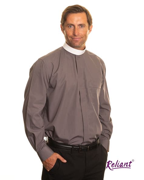 Men's Neckband Collar Fly Front Long Sleeve Clerical Shirt - Clerical ...