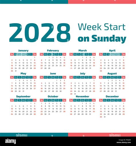 Simple 2028 year calendar, week starts on Sunday Stock Vector Image ...