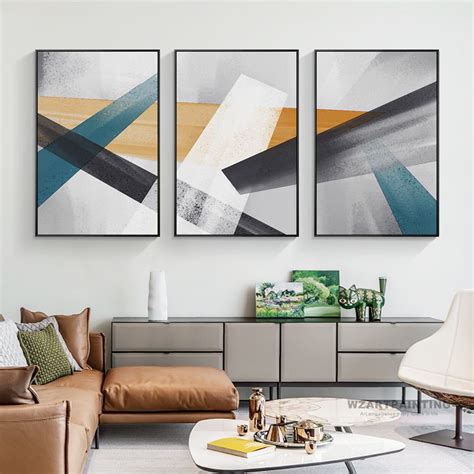 Framed Wall Art Set of 3 Prints Geometric Abstract Blue Black Yellow Large Wall Art Print ...