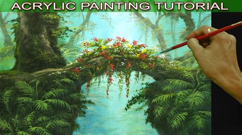 Acrylic Landscape Painting Tutorial Tropical Misty Forest with Hanging Plants, Flowers and Ferns ...