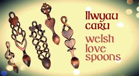 several metal spoons hanging from hooks with words that say iyiyau caru, welsh love spoons