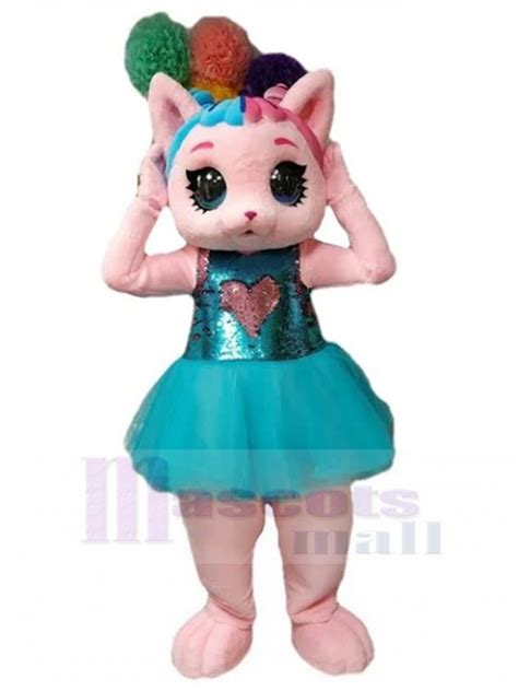 Pink Cat Mascot Costume Animal in Blue Dress