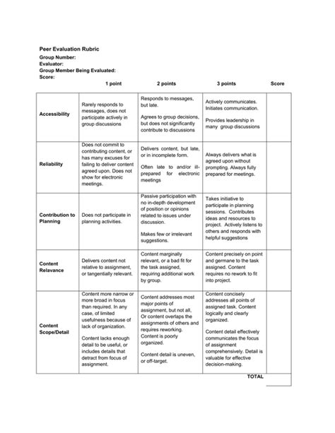 Peer Evaluation Rubric