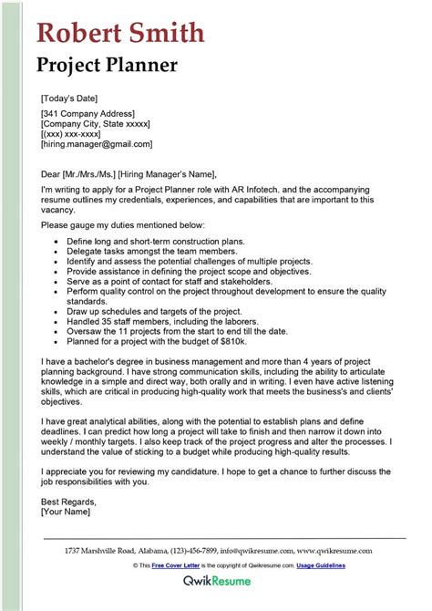 Project Planner Cover Letter Examples - QwikResume