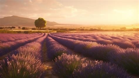 Premium Photo | Lavender field at sunset in provence francegenerative ai