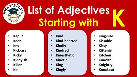 list of adjectives starting with k | English vocabulary words learning, Good vocabulary words ...