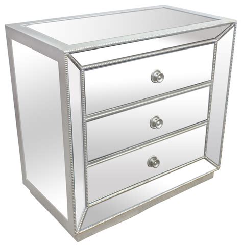 Silver Mirrored Glass Bedroom 3-Drawer Nightstand - Transitional ...