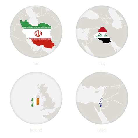 Iran, Iraq, Ireland, Israel map contour and national flag in a circle ...