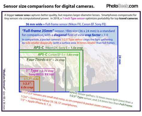 Compare camera sensor sizes: full frame 35mm, APS-C, 4/3, 1", 1/1.7", 1/2.5” | PhotoSeek.com