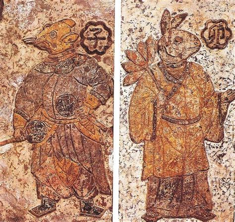 Paintings on ceramic tile from the Chinese Han Dynasty (202 BC – 220 AD); these figures, cloaked ...