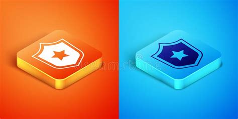 Isometric Police Badge Icon Isolated on Orange and Blue Background. Sheriff Badge Sign. Shield ...