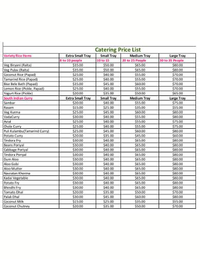 Catering Price List Template ~ Excel Templates