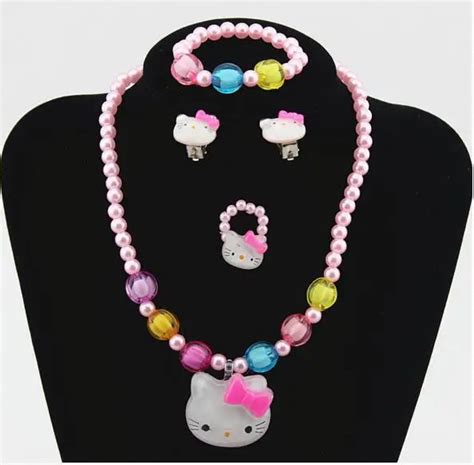 1set Lovely Baby Girls Imitation Pearls Hello Kitty cat Pendant Necklace Bracelet Ring Set ...