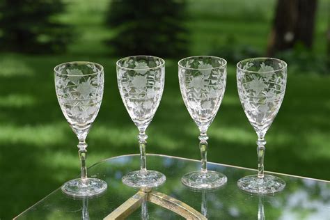 Vintage Etched Optic Wine Glasses, Set of 4, Floral Etched Wine glasses, Elegant Vintage Wedding ...