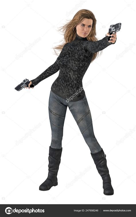 Beautiful powerful woman holding two guns in shooting pose isolated on ...