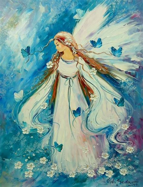 a painting of an angel with blue wings and white flowers in the ...